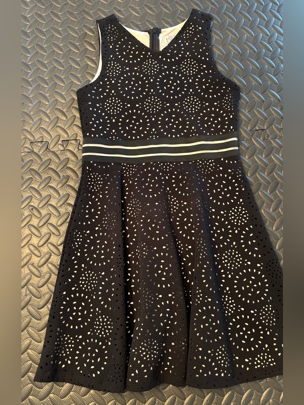 Girls Black Eyelet Fit & Flare Dress with Striped Waist by Blush. Size 8.